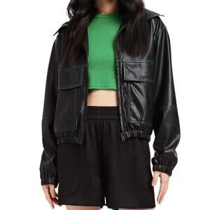 Apparis Faux Leather Tierra Vegan Leather Bomber Jacket Blue Green Stitching M